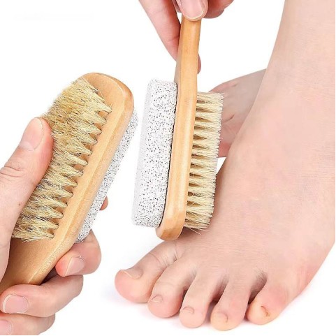 Wooden foot cleaning brush with pumice stone